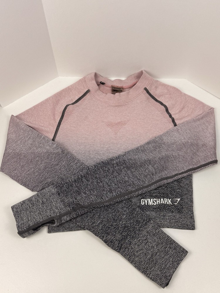 Gymshark Dry Cropped Pink Gray Long Sleeve Workout Top Shirt Women Size S Gym
