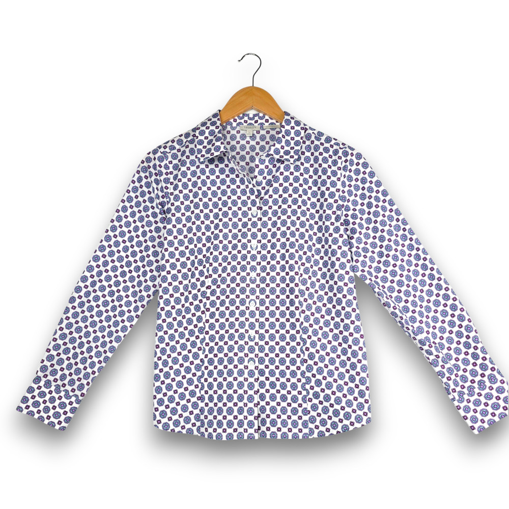 TALBOTS Petite Small Wrinkle Free Long Sleeve ButtonUp Shirt Top White Geo print