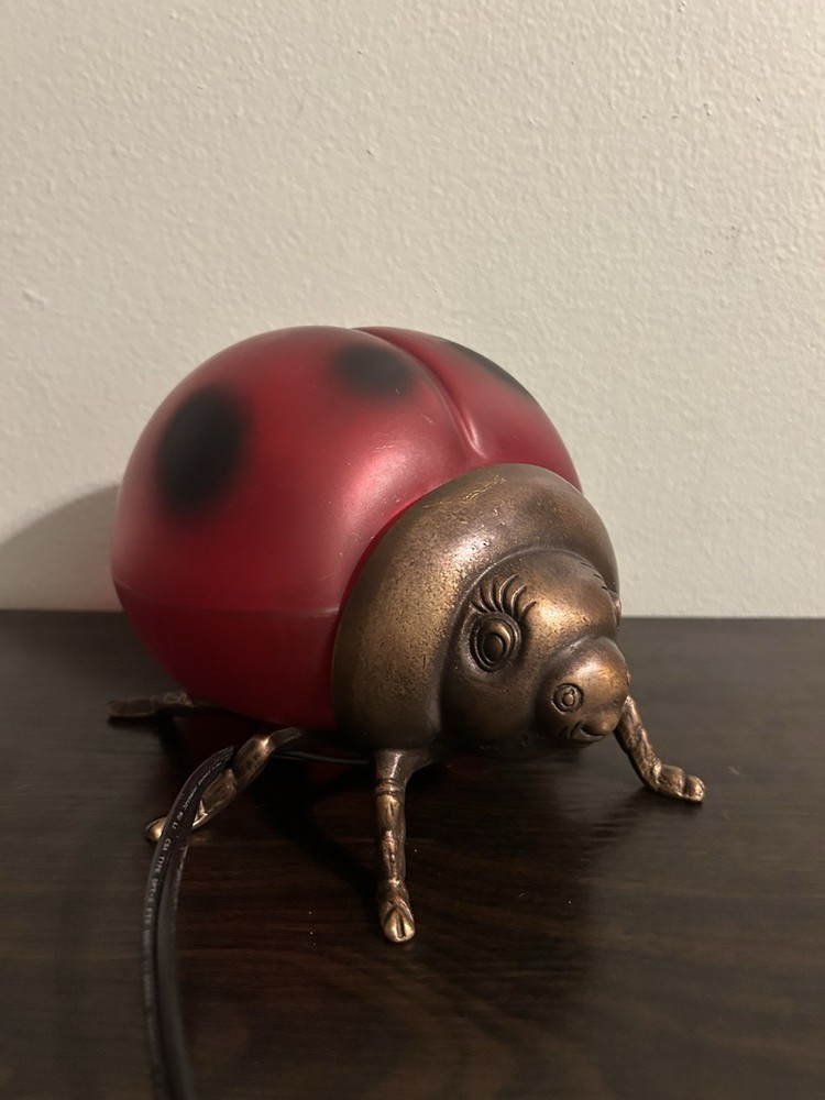 Vintage Tin Chi Lamp Ladybug 1998 Spotted Art Glass Brass Accent Light TESTED