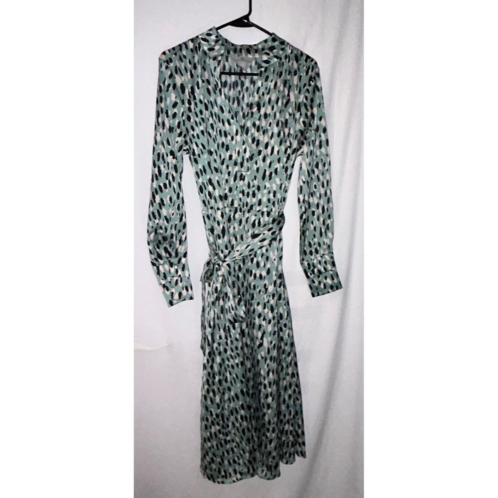 H&M Green Animal Print Midi Wrap Dress Long Sleeve Size Medium