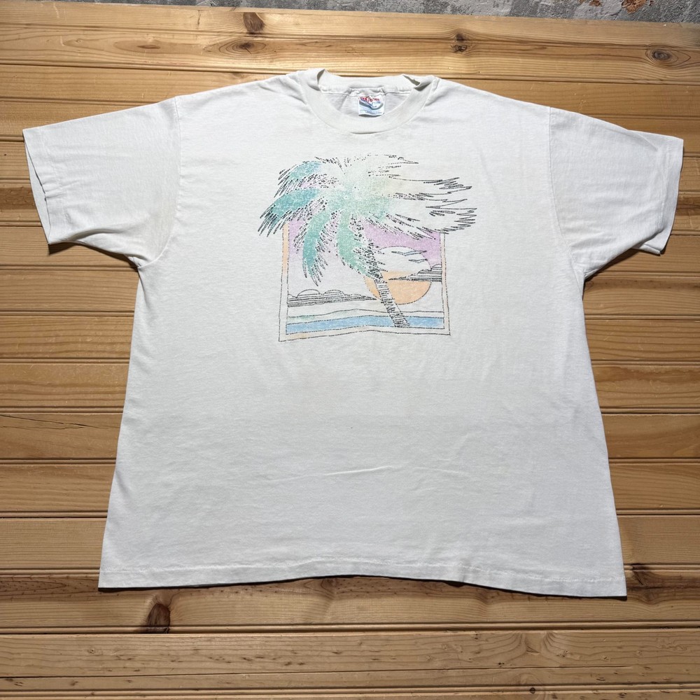 Vintage 80s Hanes Palm Tree Sunset Beach Surf Tropical Graphic T-Shirt USA - XL