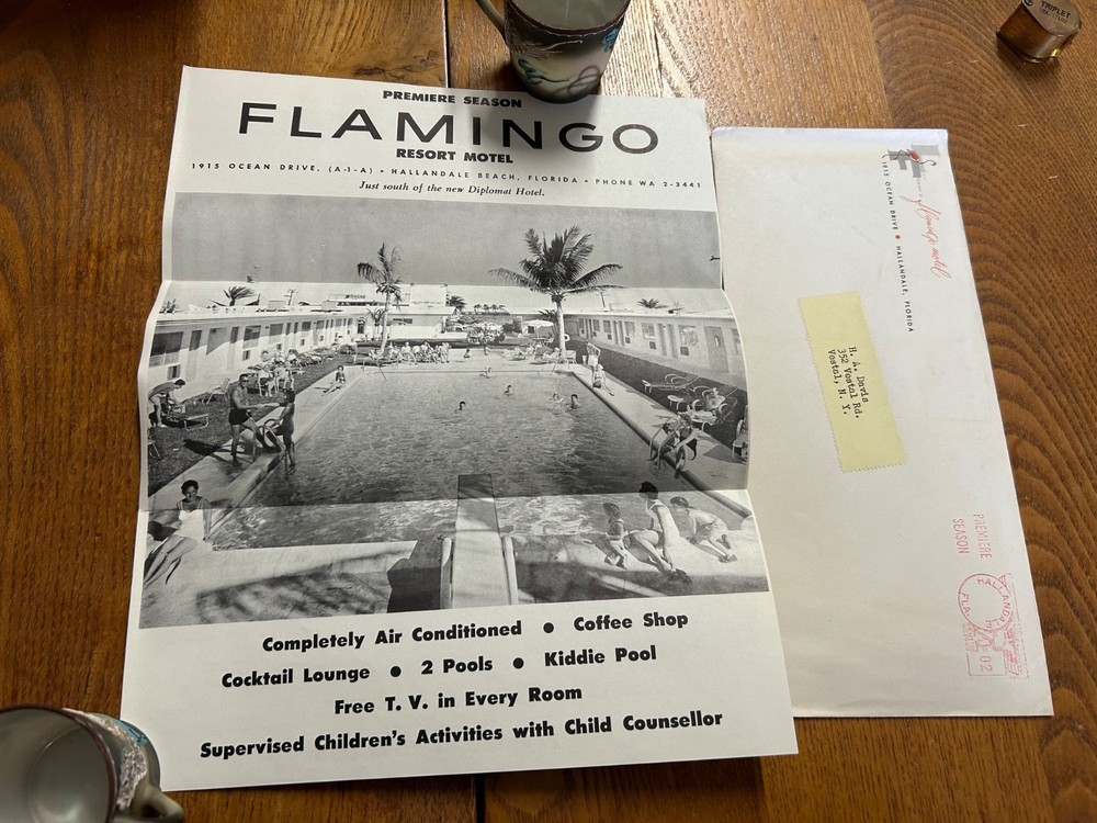 Vintage 1950’s Hallandale Beach Brochure Flamingo Resort Motel Hotel  Florida