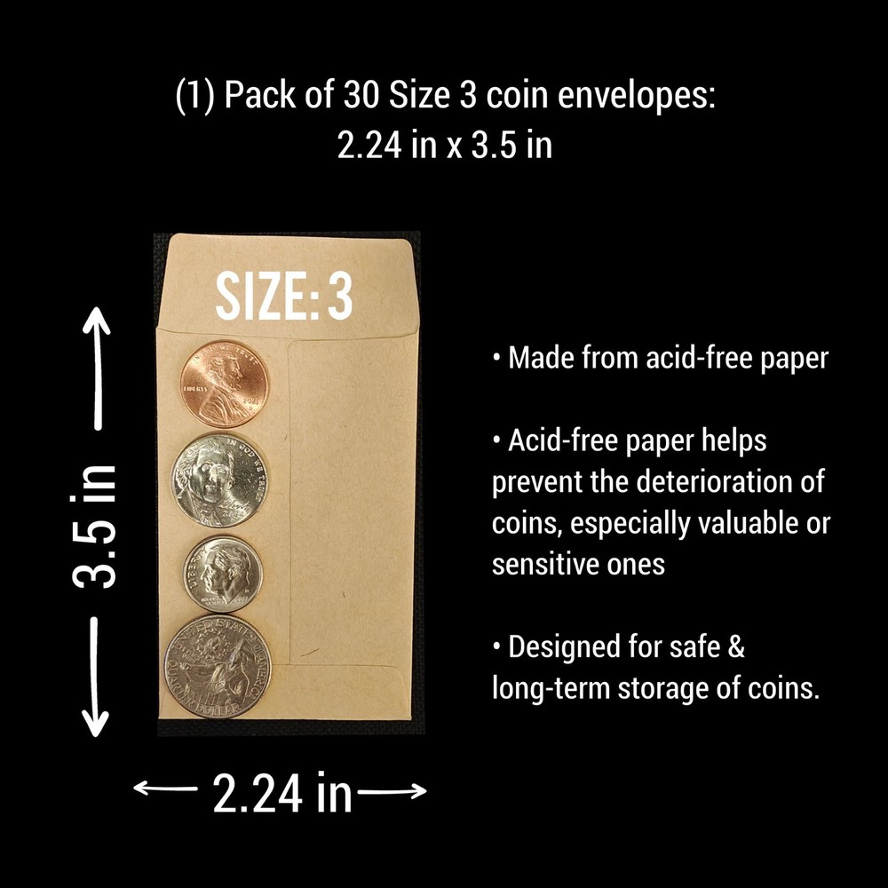 30 Acid-Free Coin Archival Envelopes 2.24x3.5in ✨Free Shipping✨-image