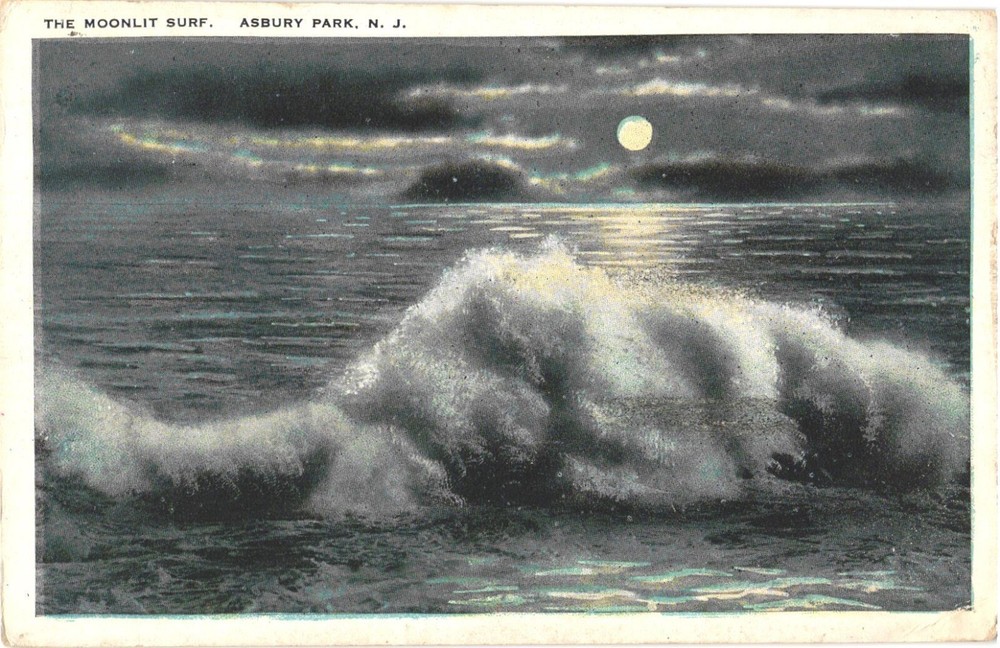 Asbury Park, New Jersey The Moonlight Surf Beautiful Waves and Moon Postcard