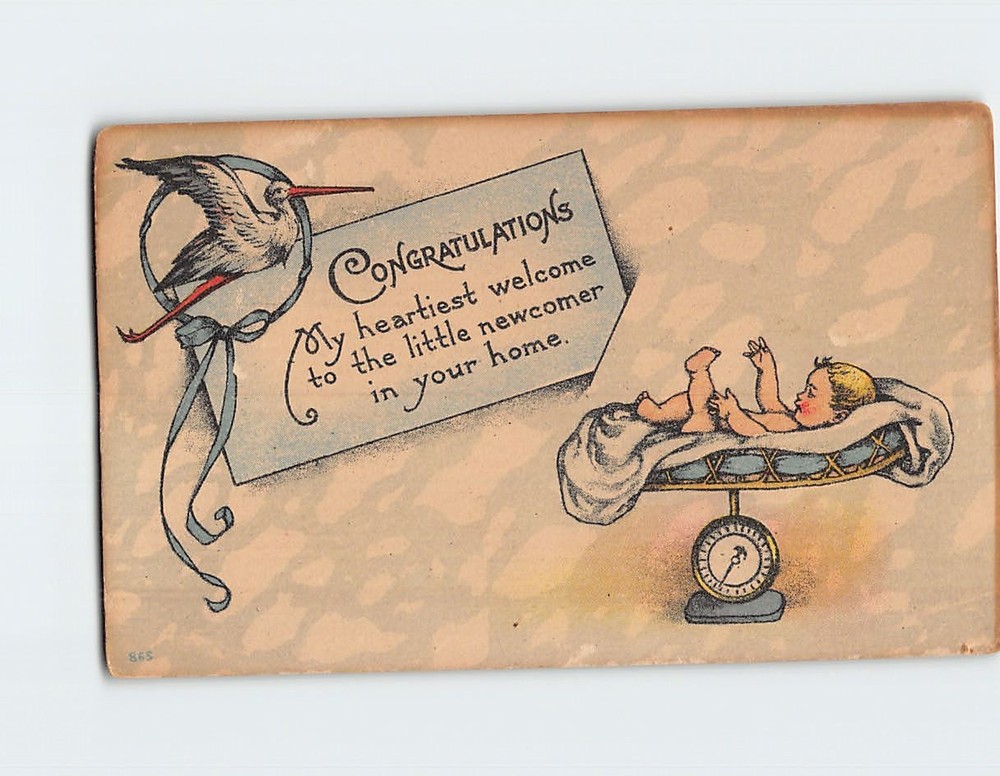 Postcard Congratulations Birth Announcement Stork & Baby Art Print