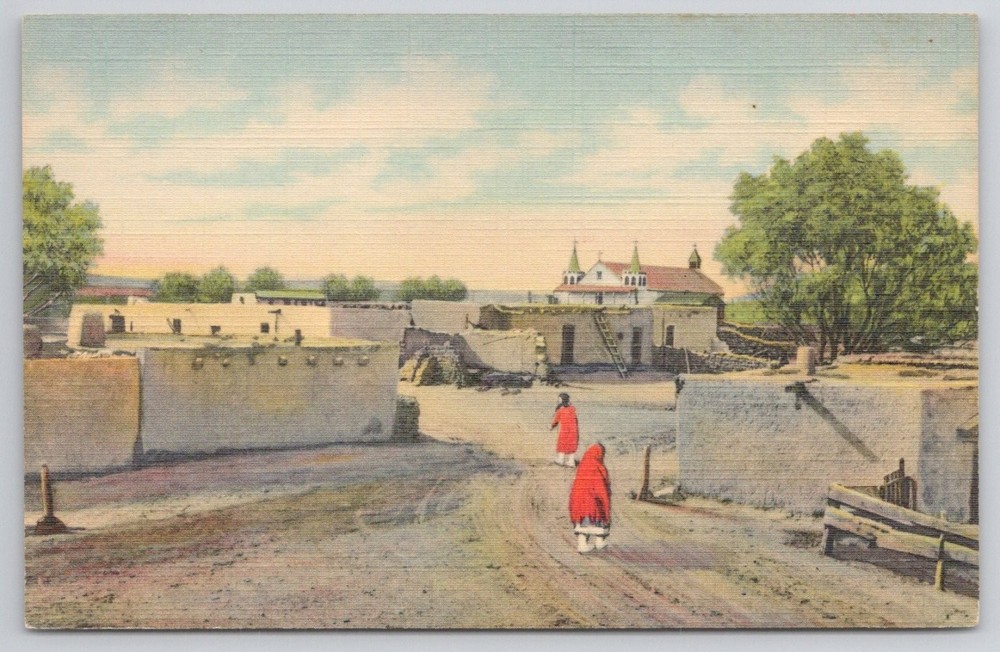 Isleta Indian Pueblo New Mexico Old Church Distance Linen Postcard NM
