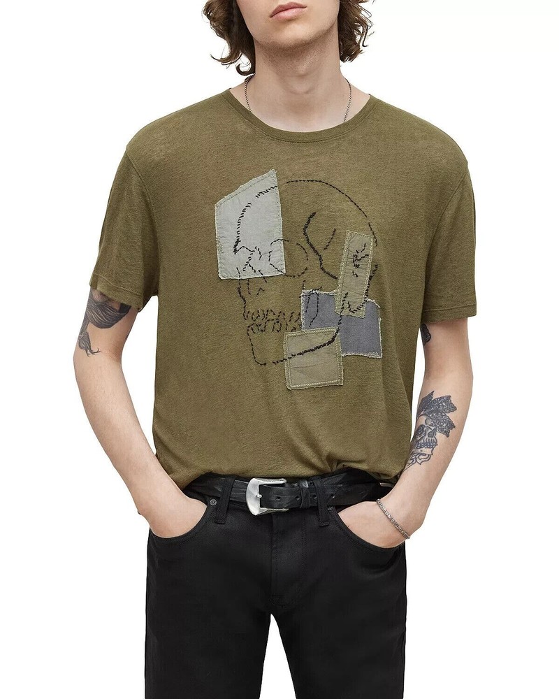 Mens T-Shirt Tee Top UK Size XL John Varvatos Patchwork Skull 100% Cotton Olive