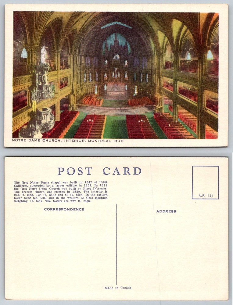 Vintage Notre Dame Church Interior Montreal Quebec Postcard Canada