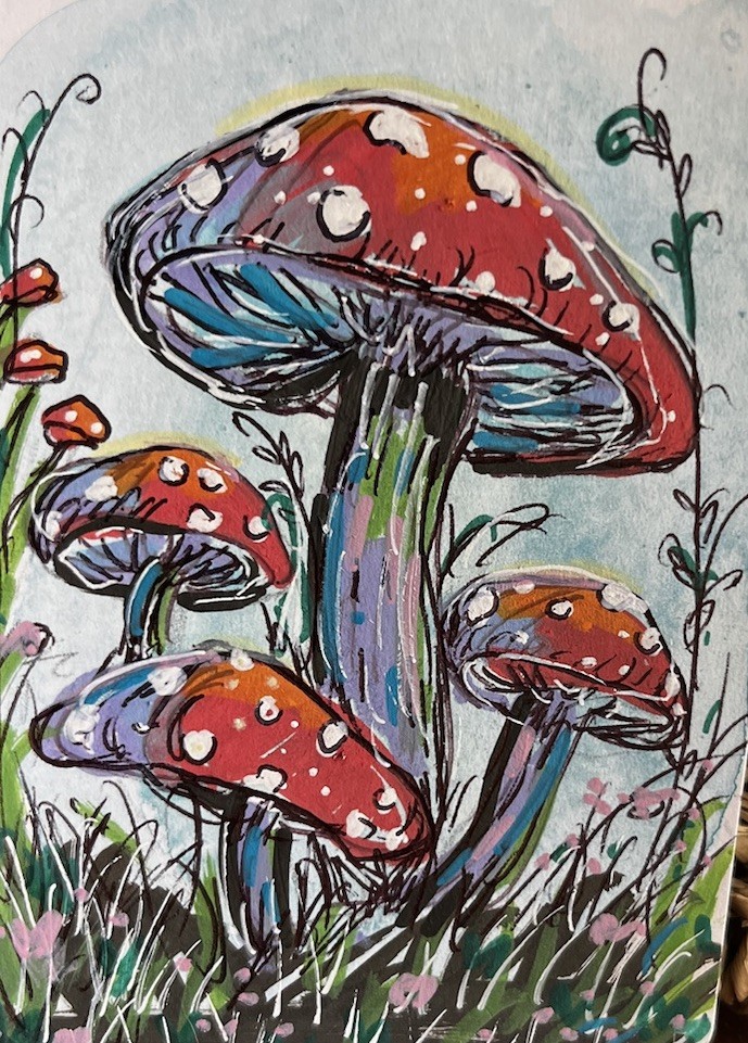 ACEO Original Mushroom Forest Painting ACT OOAK Cottagecore Art (2.5x3.5)