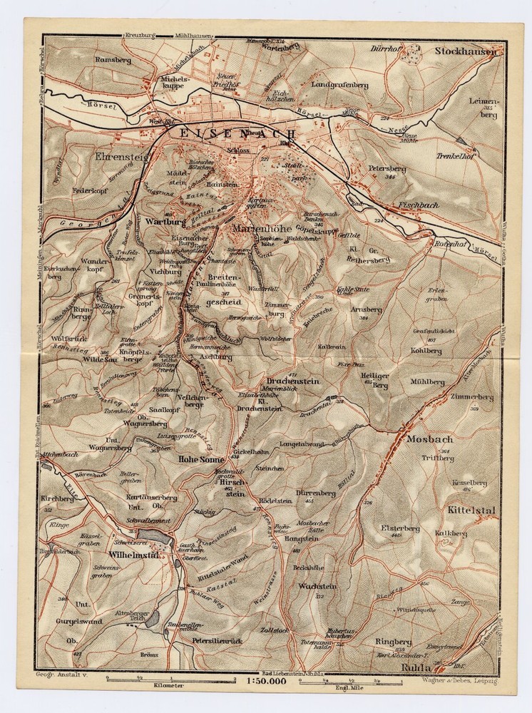 1925 Original Vintage Map Of City Of Eisenach / Meiningen On Rev. Side / Germany