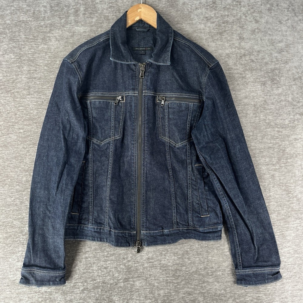 John Varvatos USA Men’s M Full Zip Denim Biker Jacket Dark Blue Pockets Logo