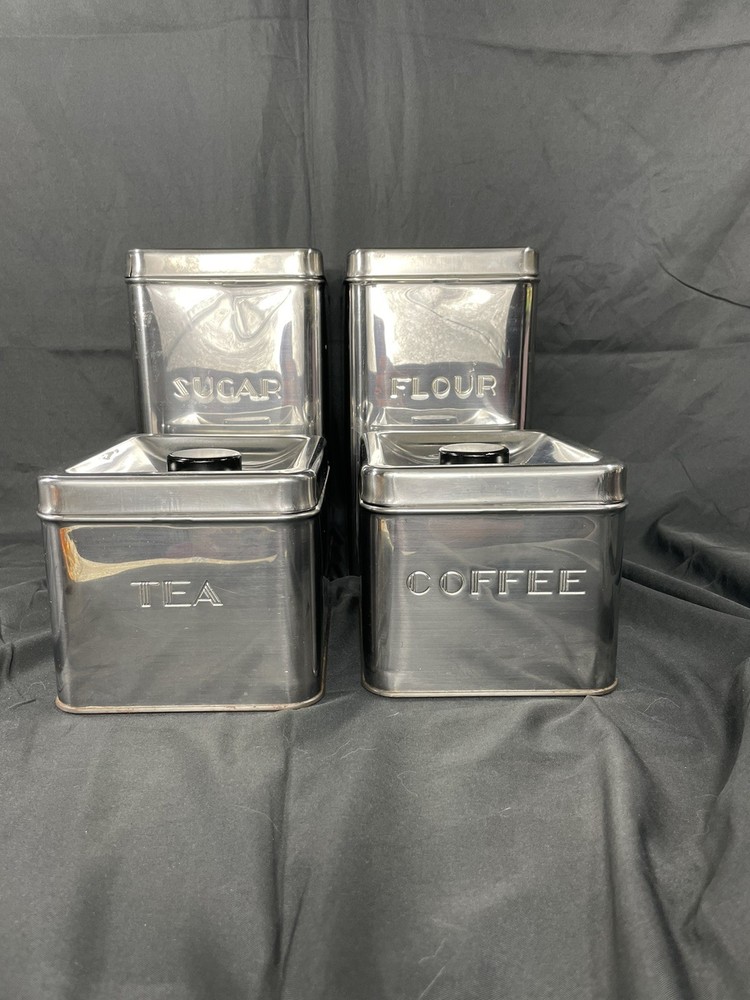 Vintage Kreamer Ware Canister Set Of 4 Chrome Silver Tin MCM Retro