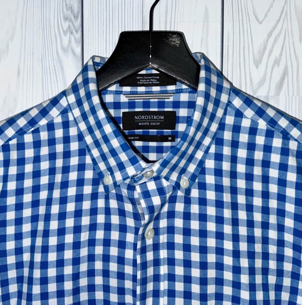 Nordstrom shirt mens size medium button down long sleeve blue gingham trim fit