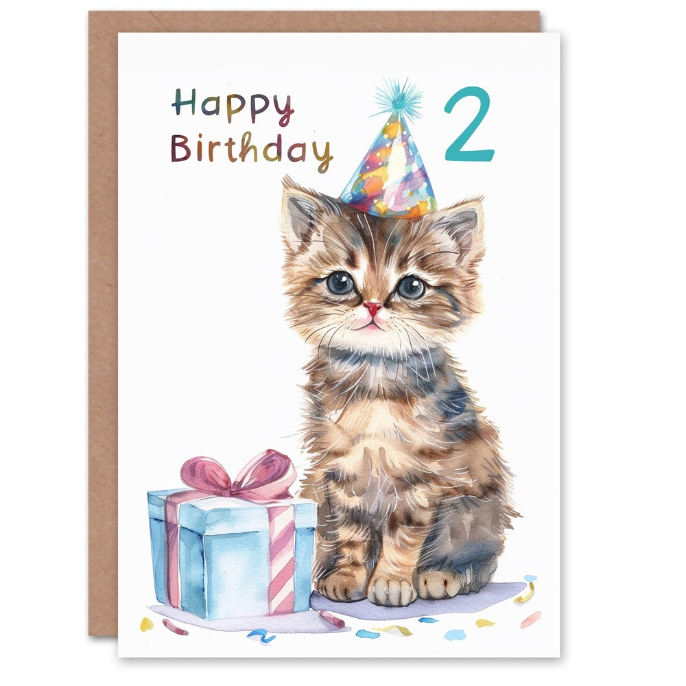 2nd Birthday Card Cute Baby Cat Kitten Party Hat Kids Age 2 Year Old Child