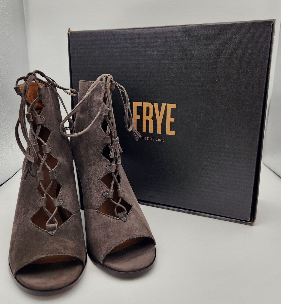 Frye Gabby Ghillie Gray Suede Leather Peep Toe Lace Up Bootie Heels Size 11M Box