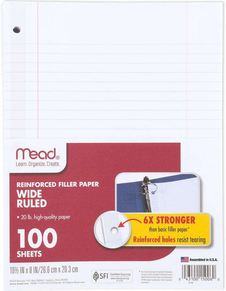 Loose Leaf Paper, Notebook Paper, Wide Ruled Filler Paper, Reinforced, 8 X 10.5