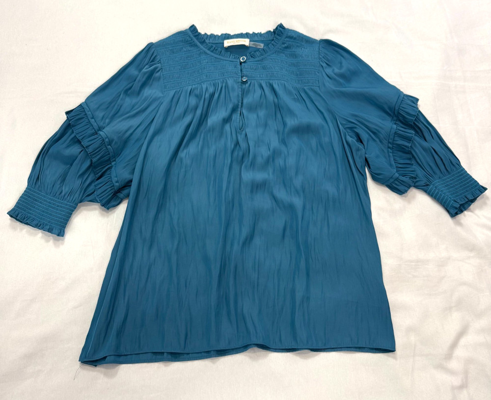 Ramy Brook Smocked Blouse Blue Boho Top Women Size M Puff Sleeve Peasa