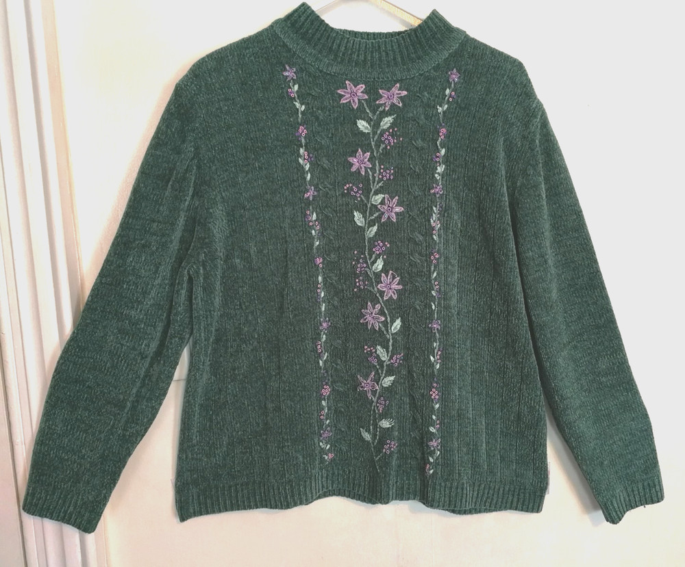 Alfred Dunner Womens Sweater XL Green Floral Embroidered Beaded Long Sleeve Boho