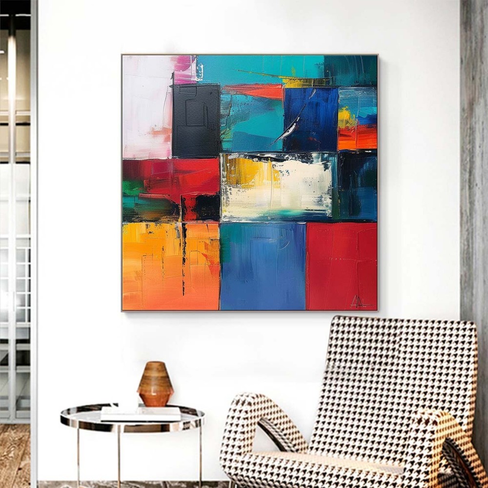 Blue Abstract Oil Painting Thick Textured Hand Painted On Canvas Wall Art Red