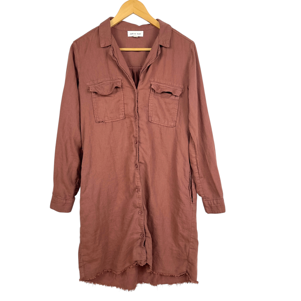 Cloth & Stone Linen Shirt Dress Boho Coastal Cottagecore Cowgirl Raw Hem Size S