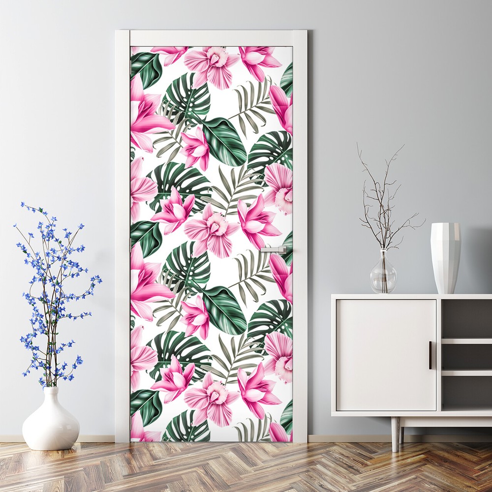 Garden Pink Flowers and Leaves Bubble Free Door sticker self adhesive Decal