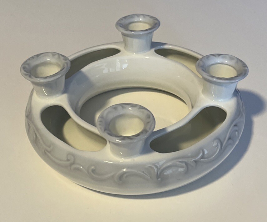 Roman Blue & White Porcelain Candle Ring Holder for 4 Tapers with Floral Trough  