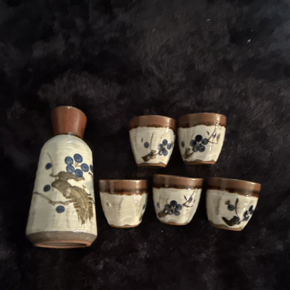 Japanese Ceramic Sake Bottle Set w/ 5 Cups, Blue Floral Design