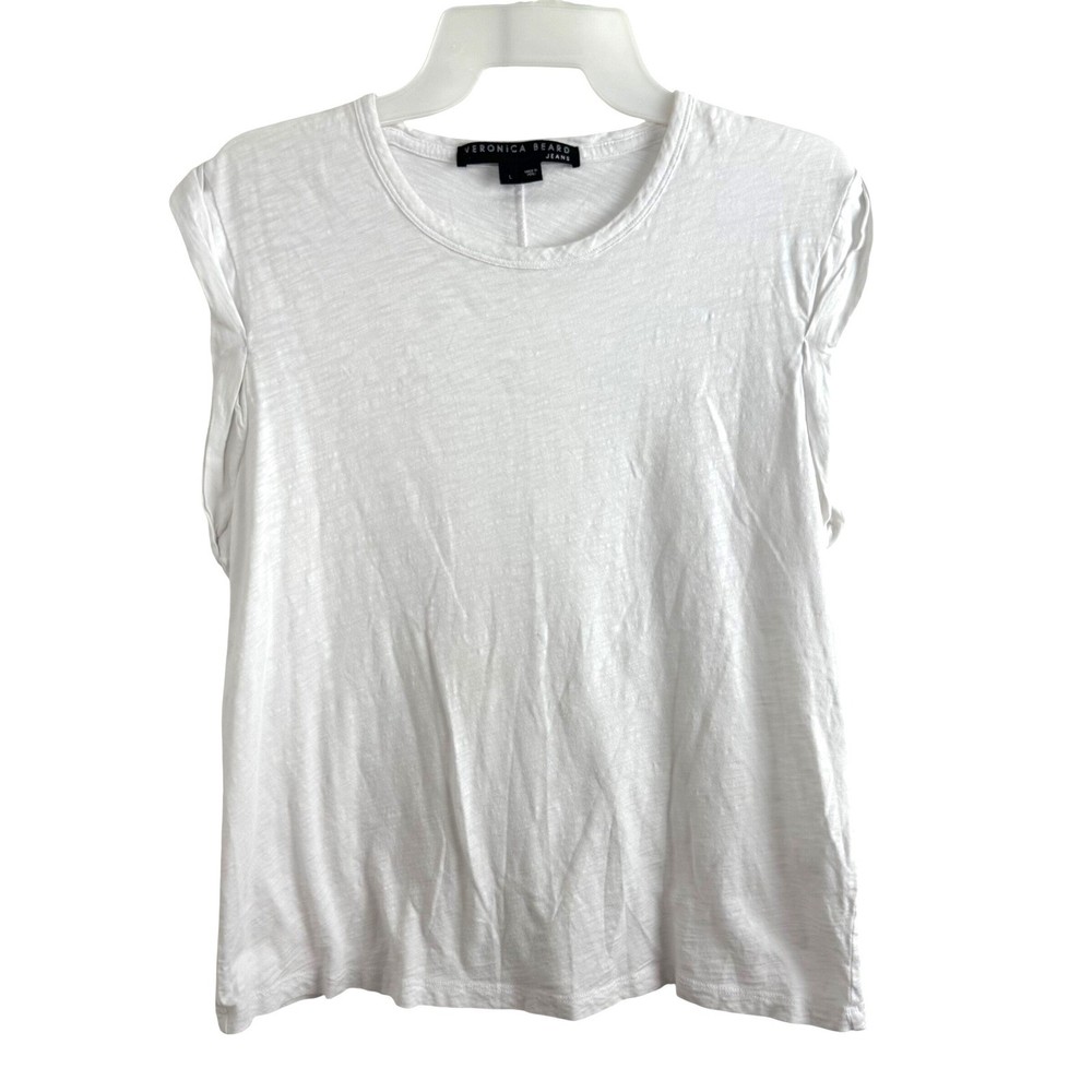 Veronica Beard Jeans Muscle Tee Large White Pima Cotton Slub Rolled Cap Sleeve
