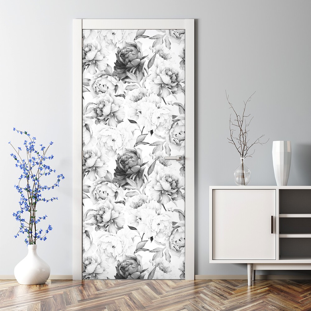 Black and white peony peel and stick bubble-free door decal