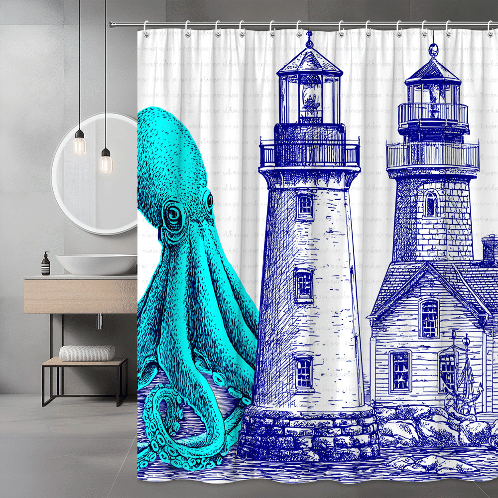 Octopus and Lighthouse Shower Curtain Blue Nautical Print