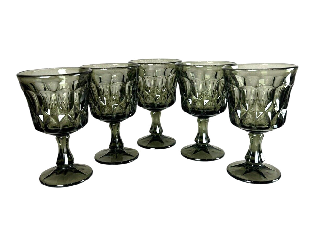 Vtg Noritake Perspective Smoke Grey Wine Glasses, Pressed Glass Goblets Set of 5
