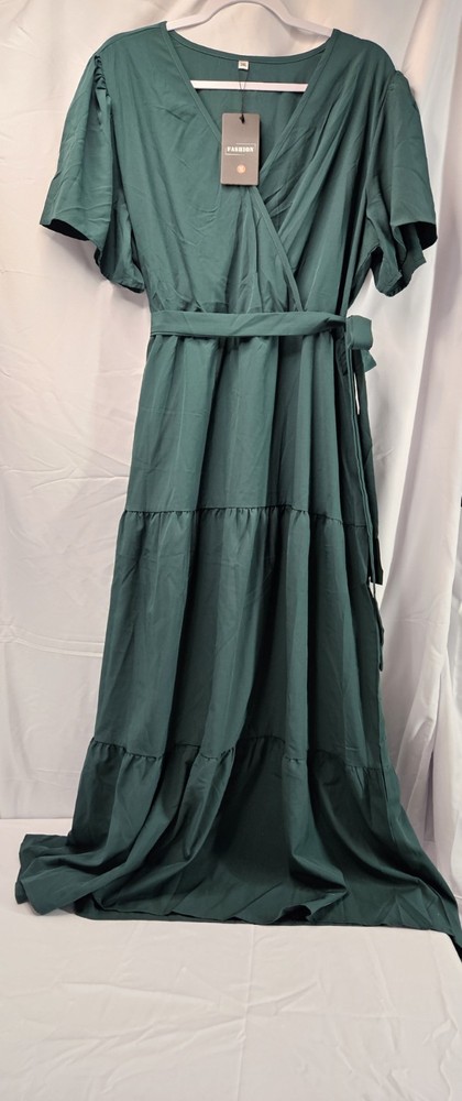 2XL Green Maxi Dress Vneck With Belt
