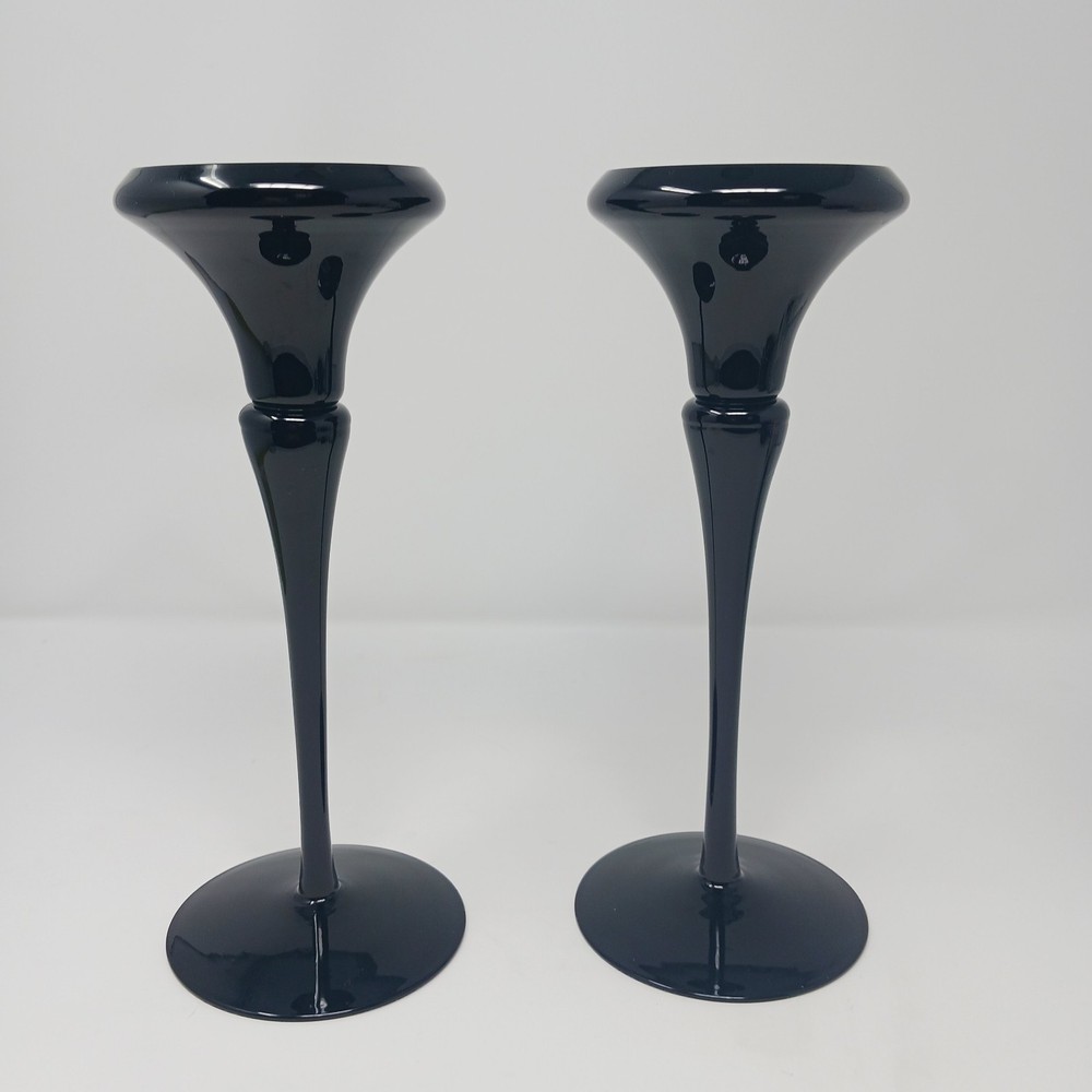 Vintage Oneida Black Amethyst Glass Taper Candle Holders Pair 24% Lead Crystal