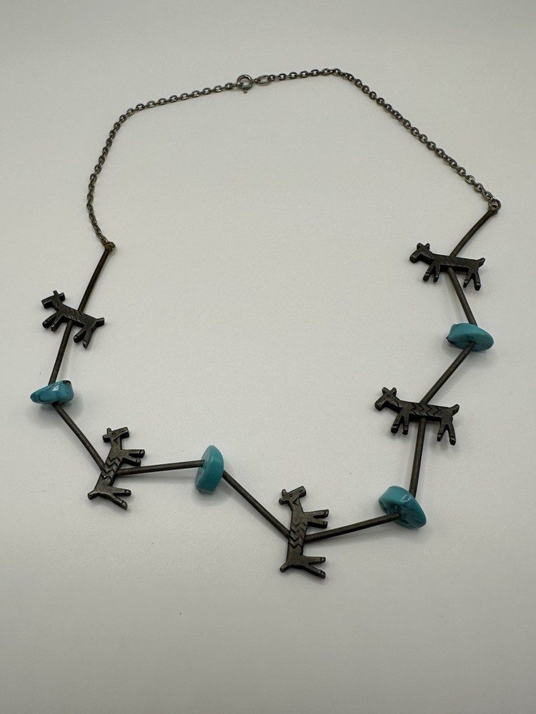 Vintage Silver Pewter Tone Goat Animal Necklace With Faux Turquoise 18”