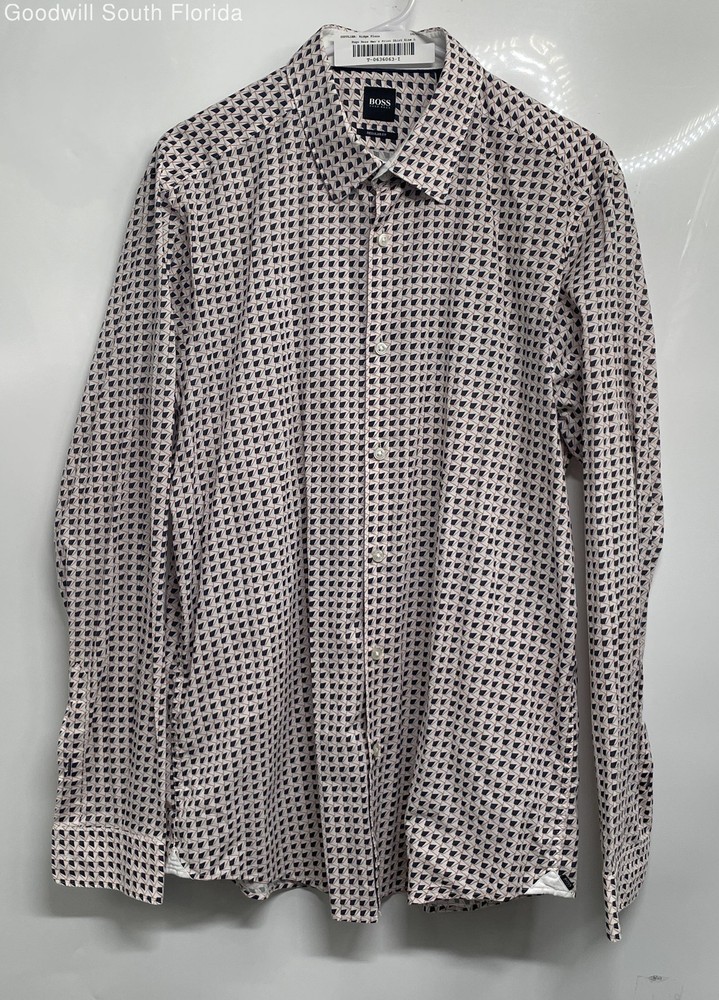 Hugo Boss Mens White Geometric Cotton Regular Fit Collared Button-Up Shirt Sz L