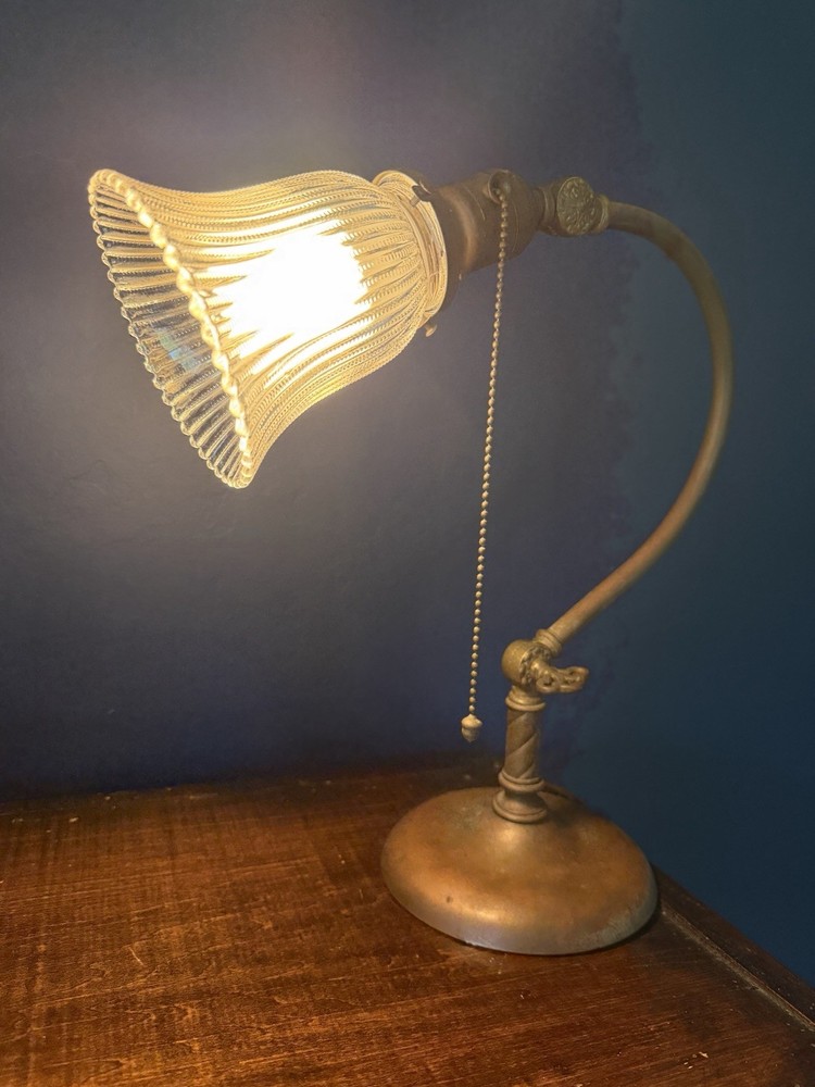 Antique HUBBELL Gooseneck Desk Lamp  Ribbed Glass Shade Acorn Pull Chain 1910’s