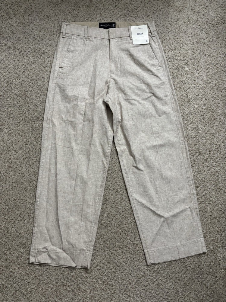 NEW Abercrombie & Fitch Pants Mens Size 30x28 Light Beige Baggy Linen Blend