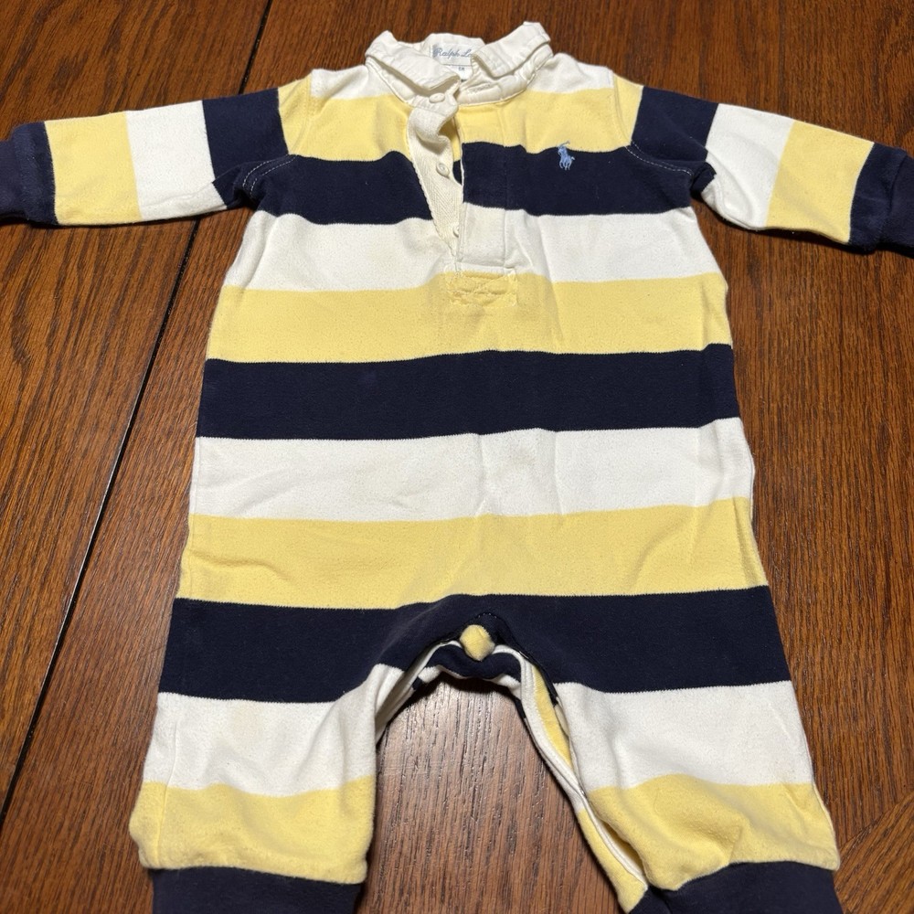 Ralph Lauren Baby Boys Striped Collared Long Sleeve Jumpsuit Onepiece Sz 6 Mos