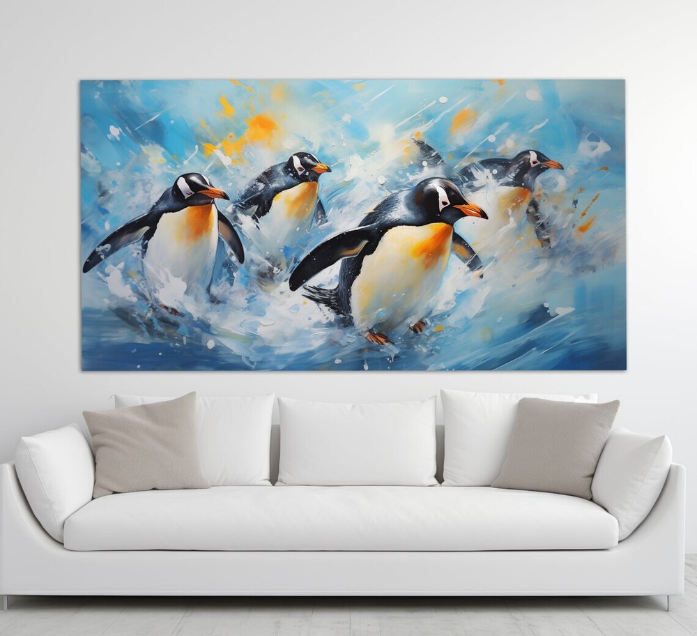 Penguins Oil Paint Antarctica Animals Wall Art Canvas Unframed Print Art