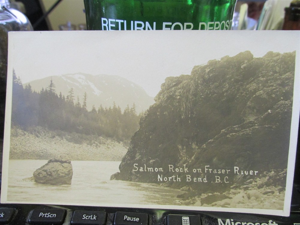North Bend, B.C. RPPC Real Photo Post Card Salmon Rock on Fraser River Canada