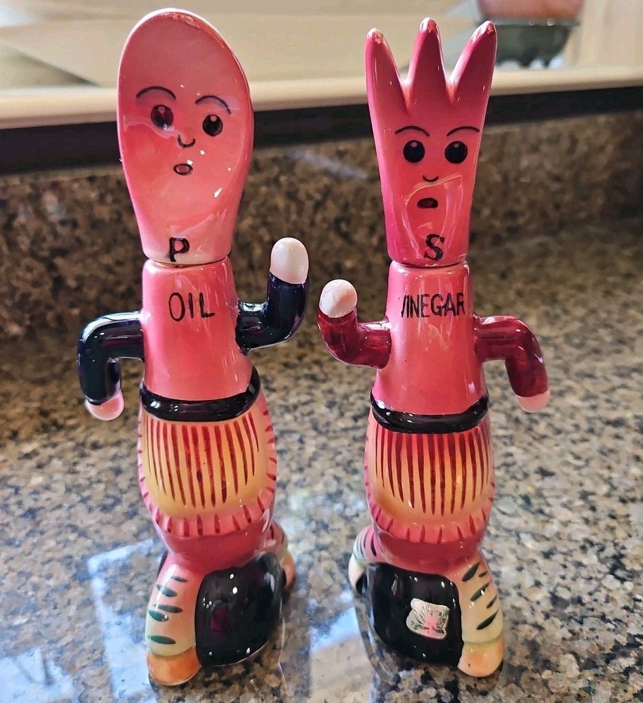 Vtg Anthropomorphic Fork & Spoon Oil/Vinegar Bottles Salt & Pepper Shakers Set