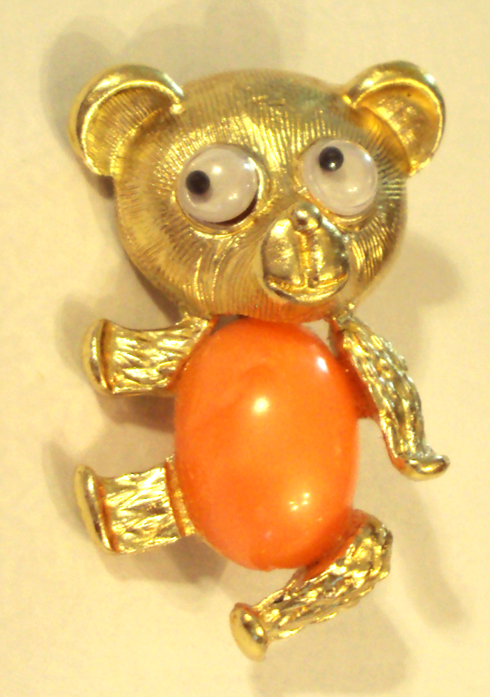 Gold Plated Monkey or Teddy Bear Jelly Belly Pin with Moving Google Eyes VTG