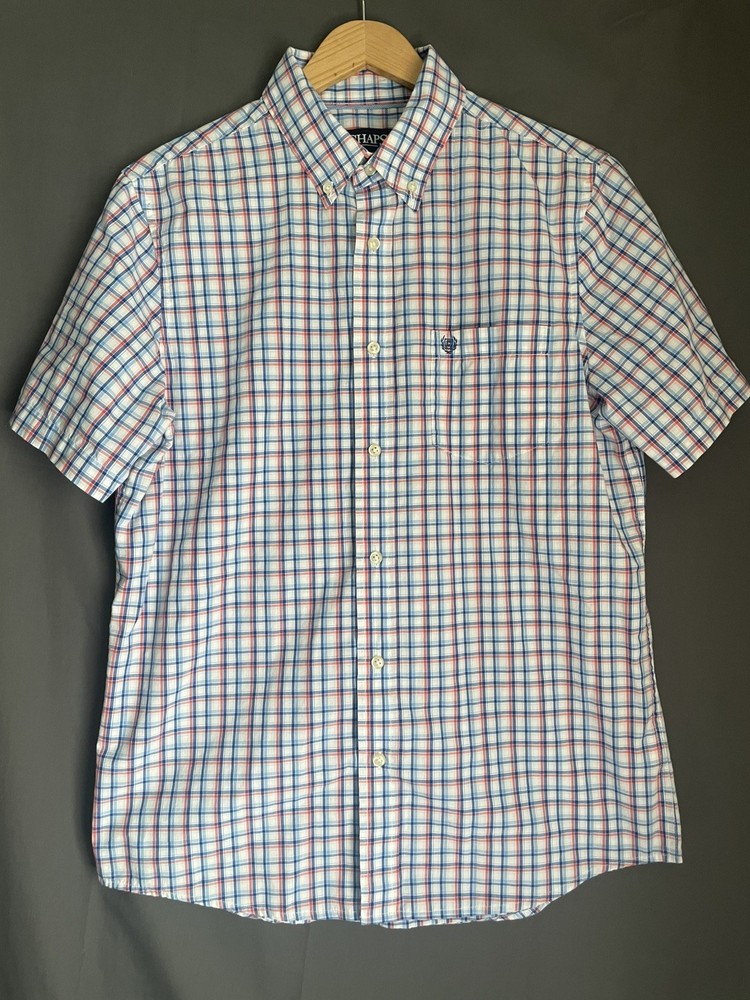 Chaps Shirt Mens Medium White Blue Red Plaid Short Sleeve Button Down Easy Care