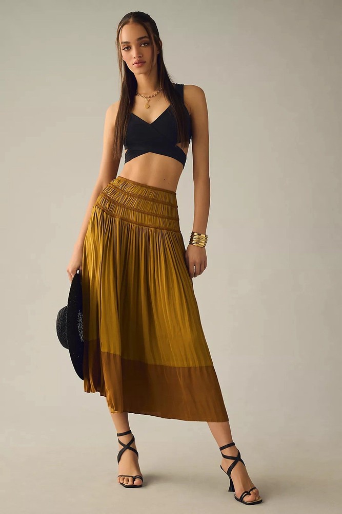 Anthropologie Tiered A-Line midi Skirt Large bronze gold New pull on satin XL