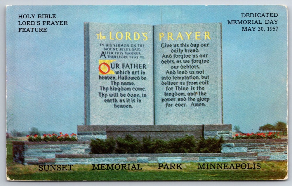 Minneapolis Minnesota~Sunset Memorial Park Holy Bible Feature~Vintage Postcard