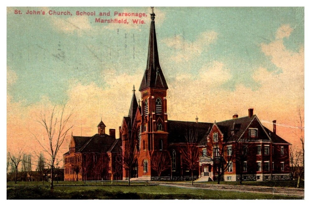 1913 Saint Johns Church School & Parsonage Marshfield Wisconsin Vintage Postcard