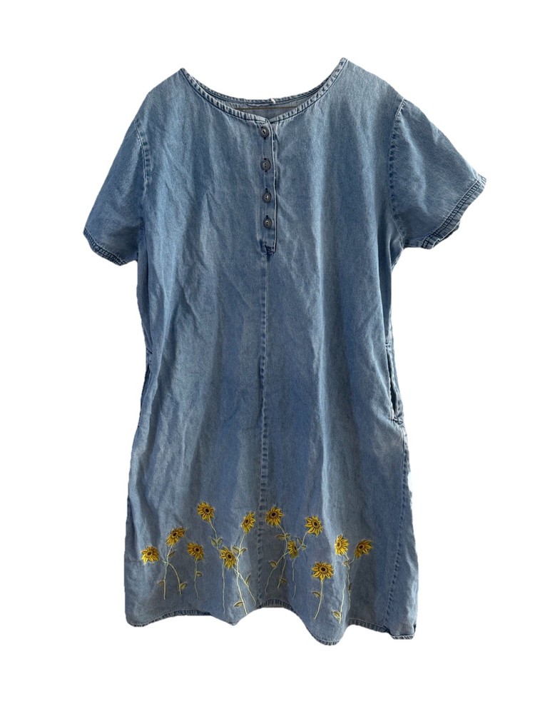 LA CERA Dress Large Blue Denim Embroidered Sunflowers Pockets Womens Sundress