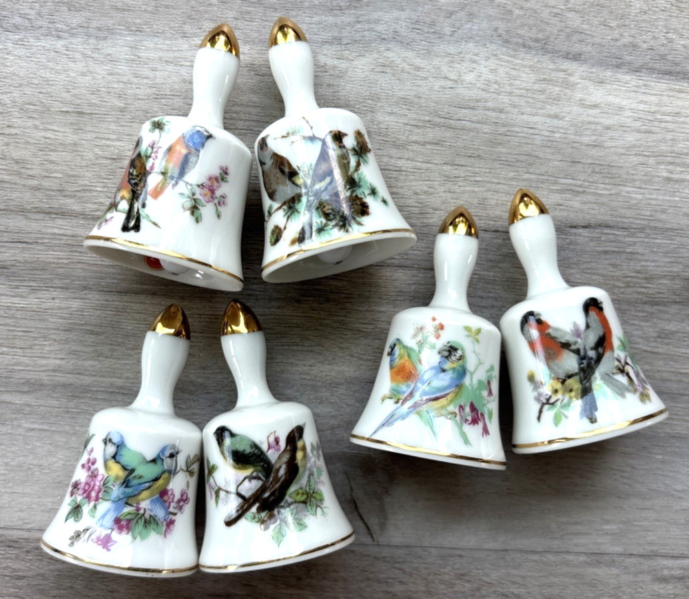 Set Of 6 Vintage Porcelain Bell With Birds On Branches 2” Made In Japan MCM