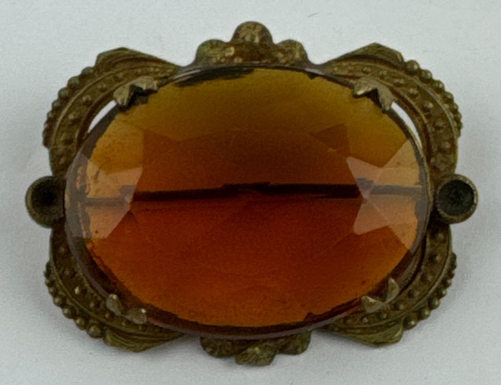 Vintage Brooch With Amber Color Glass Ornate Gold Tone Victorian Style Pin
