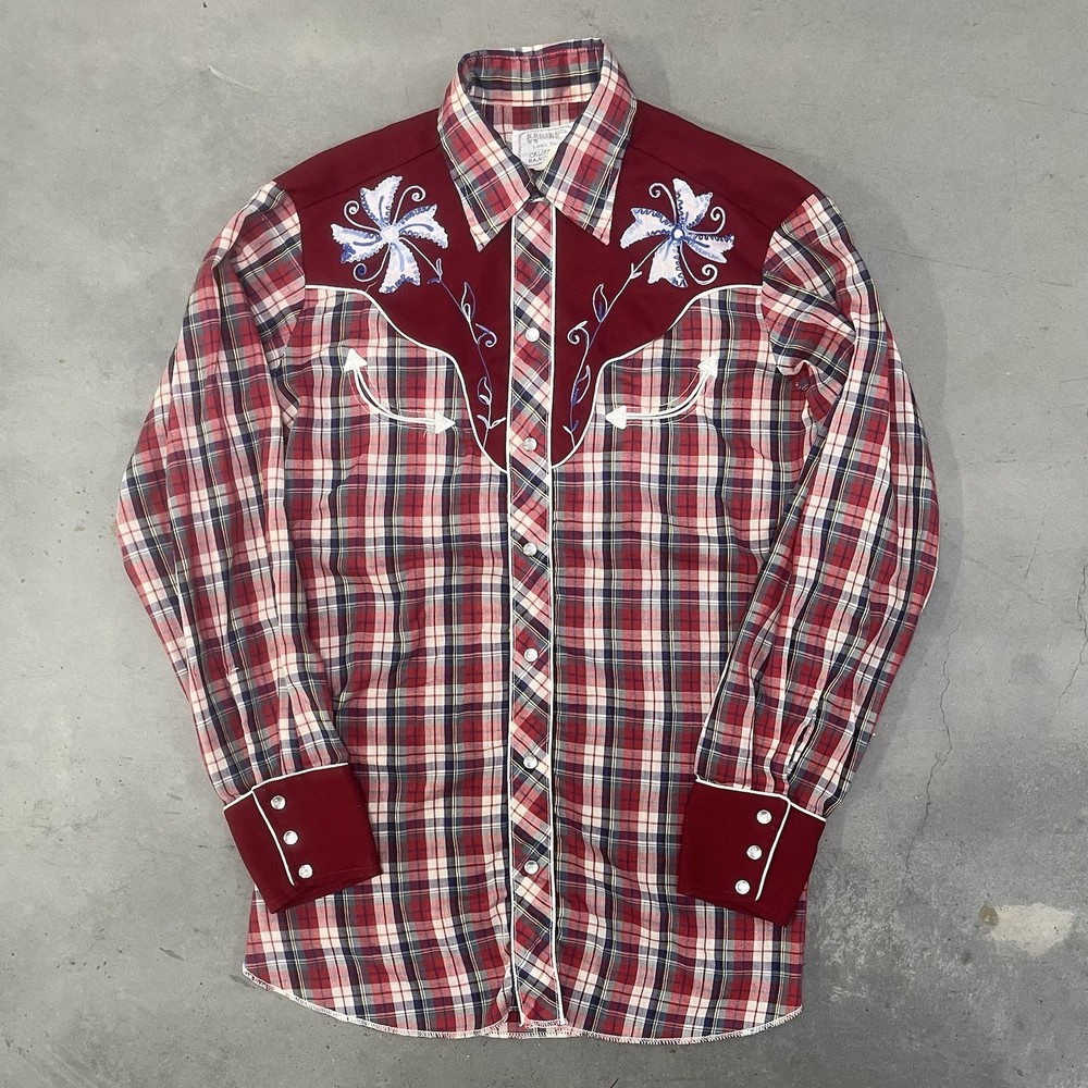 Vintage H Bar C Shirt Mens Small Red Pearl Snap Western Embroidered Rockabilly